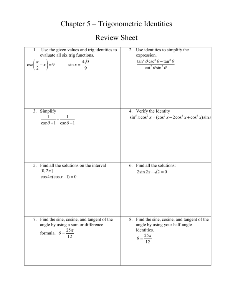 Chapter 5 – Trigonometric Identities Review Sheet And Simplifying Trig Identities Worksheet