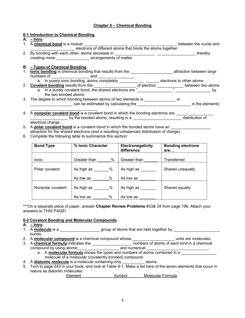 Chapter 6 – Chemical Bonding Also Chapter 6 The Chemistry Of Life Worksheet Answer Key