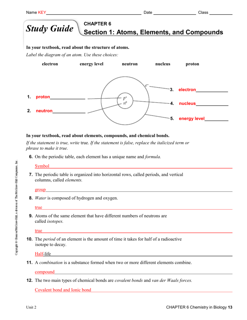 Chapter 6 Study Guide Key As Well As Chemistry In Biology Chapter 6 Worksheet Answers