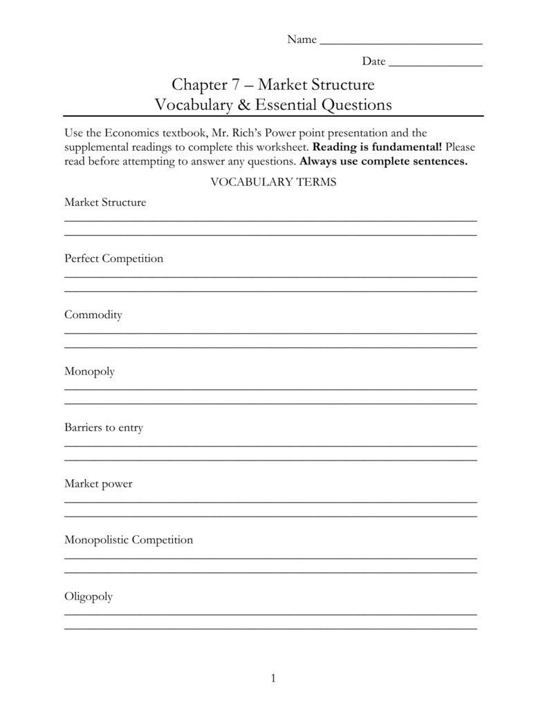 Chapter 7 – Market Structure Vocabulary  Essential Together With Chapter 7 Market Structures Worksheet Answers