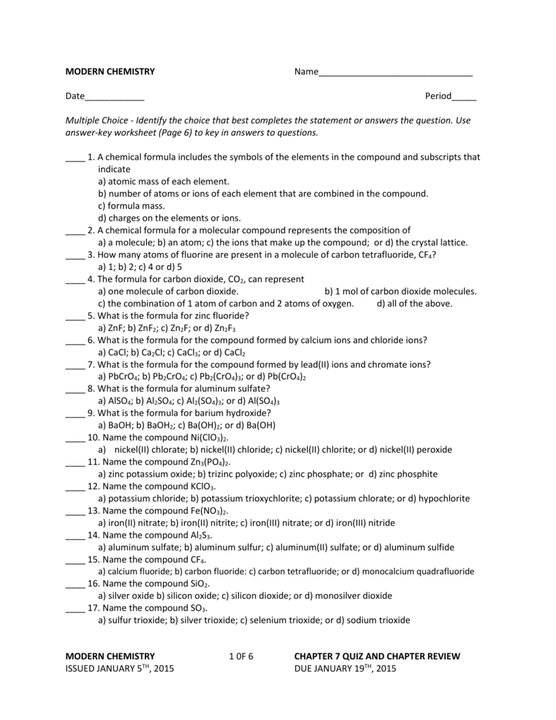 Chapter 7 Quizchapter For Chemistry Chapter 7 Worksheet Answers