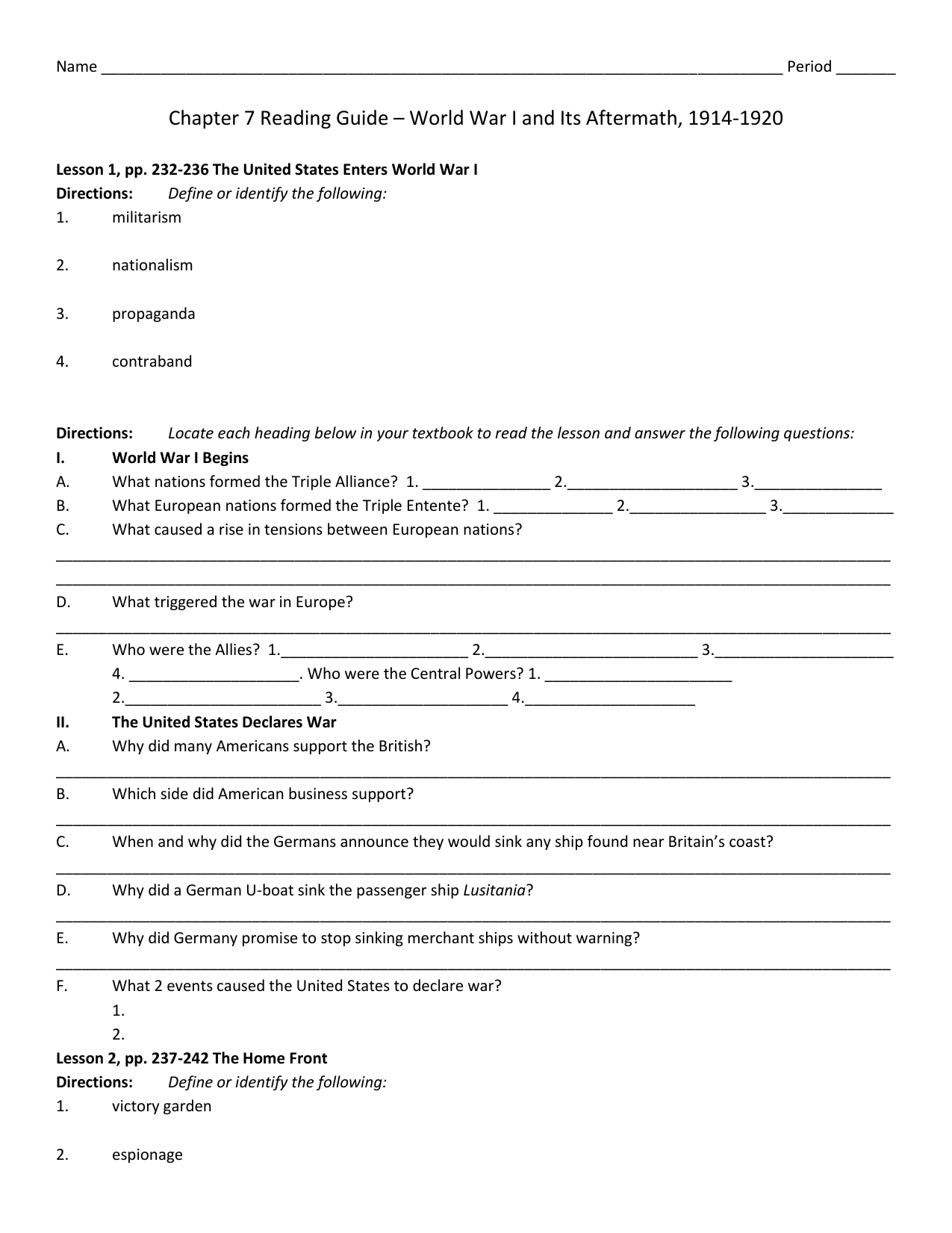 Chapter 7 Reading Guide – World War I And Its Aftermath 19141920 Regarding World War 1 And Its Aftermath Worksheet Answers