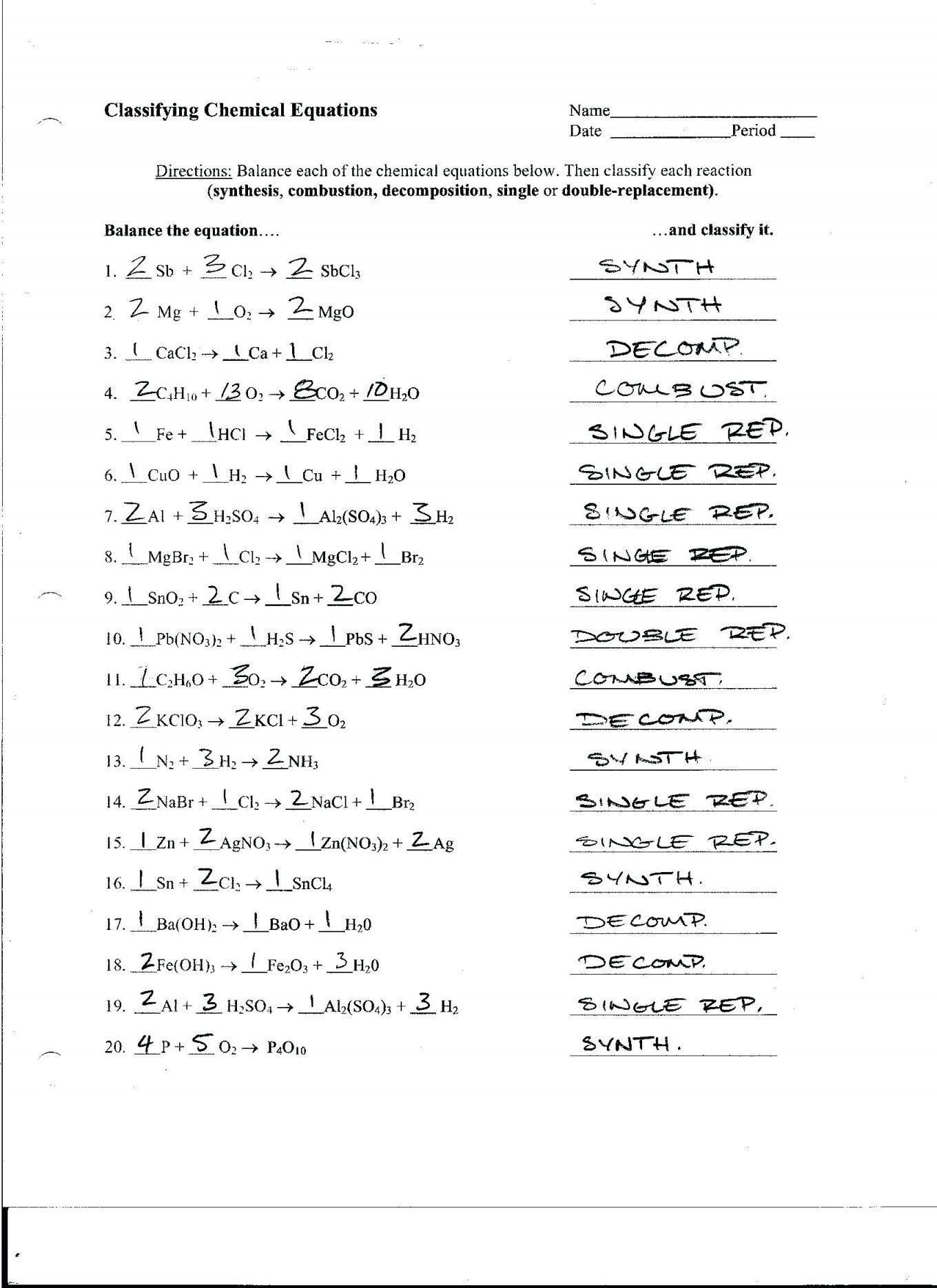Chapter 7 Worksheet 1 Balancing Chemical Equations  Briefencounters Intended For Chemistry Chapter 7 Worksheet Answers