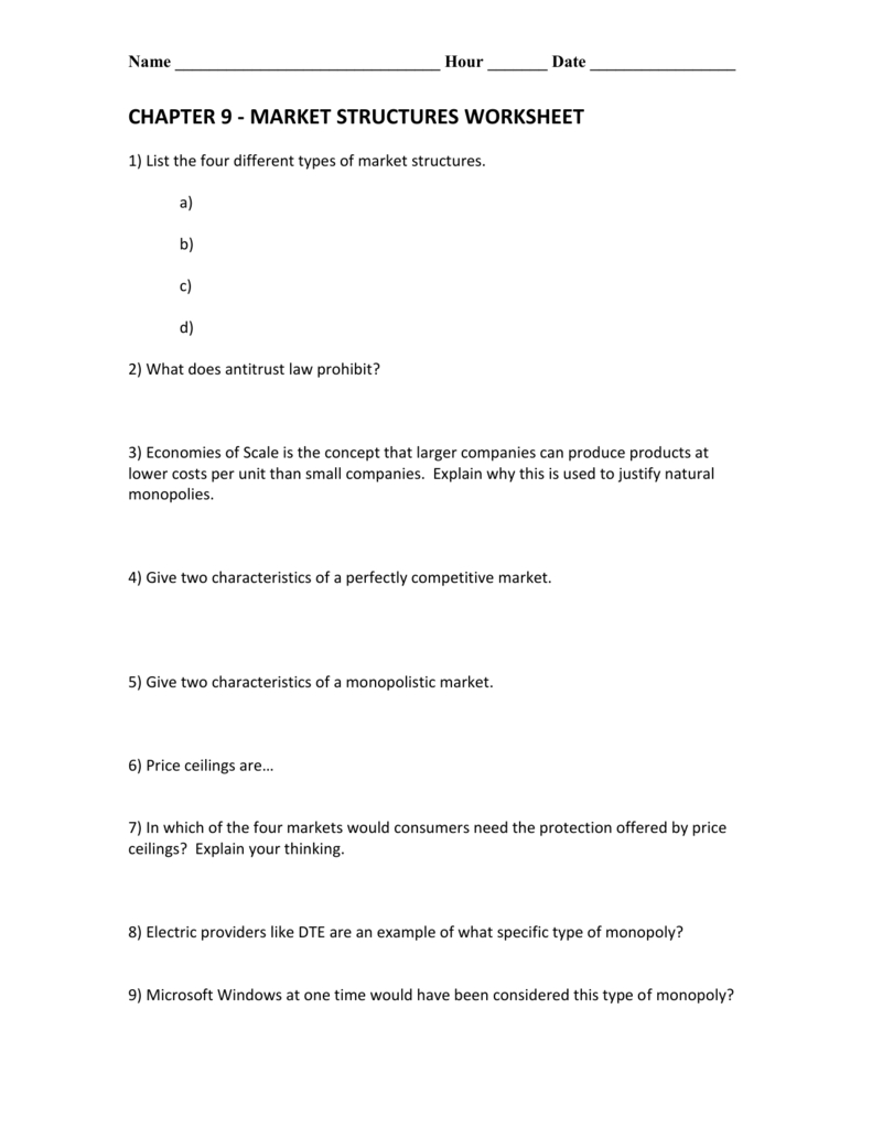 Chapter 9  Market Structures Worksheet As Well As Chapter 7 Market Structures Worksheet Answers