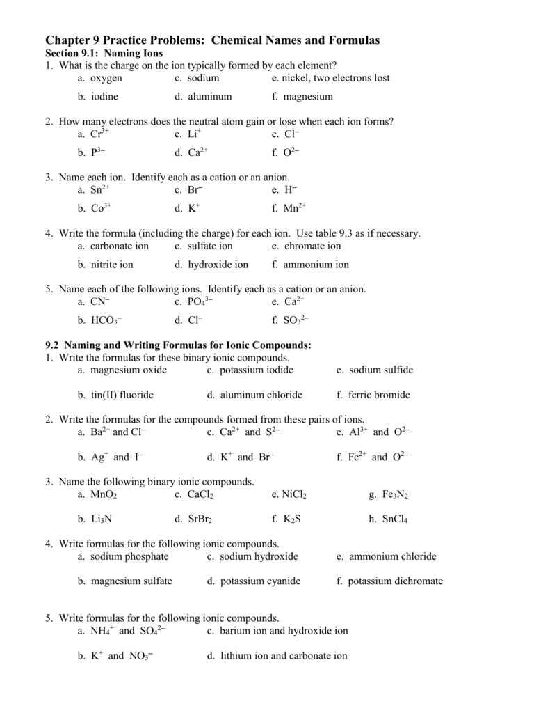 Chapter 9 Practice Problems Chemical Names And Formulas Regarding Chemical Names And Formulas Worksheet Answers