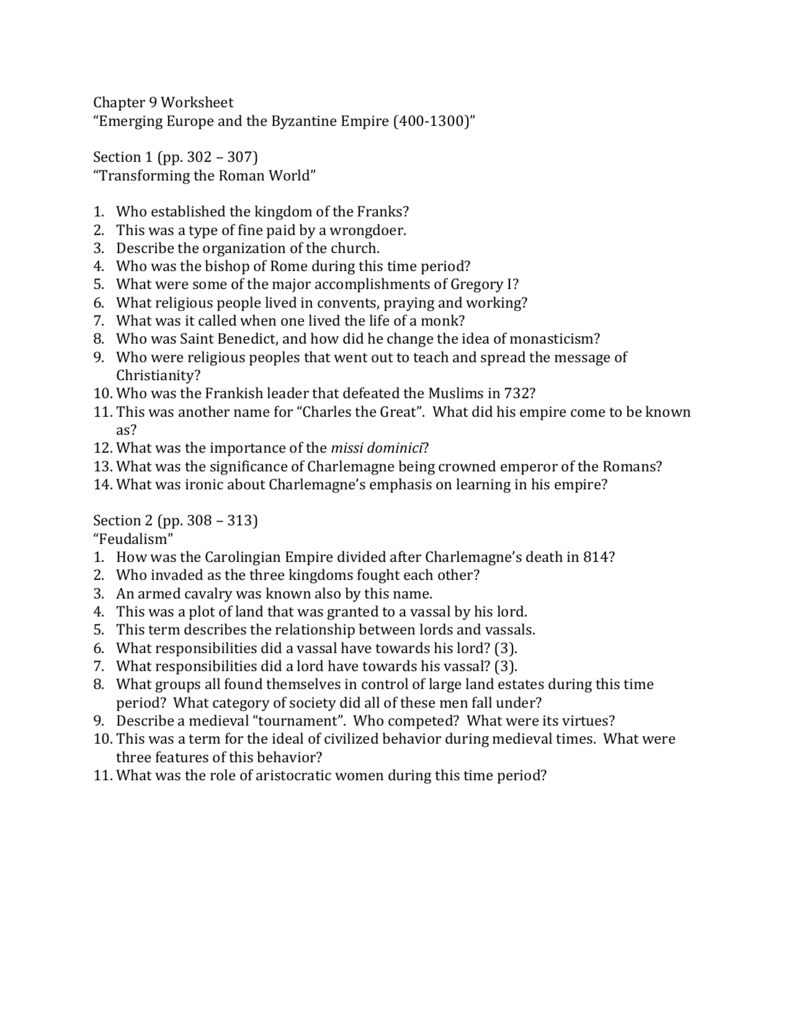 Chapter 9 Worksheet “Emerging Europe And The Byzantine Empire Also The Byzantine Empire Worksheet