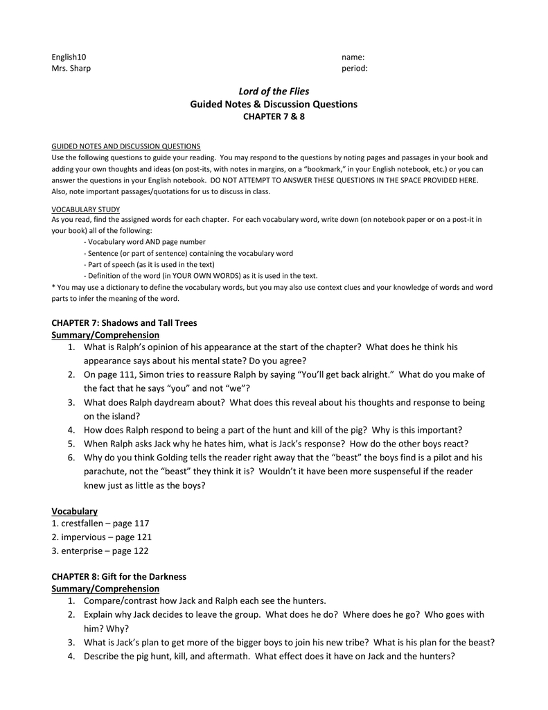 Chapters 7  8  Questions And Vocabulary For Lord Of The Flies While Reading Chapter 4 Worksheet Answers