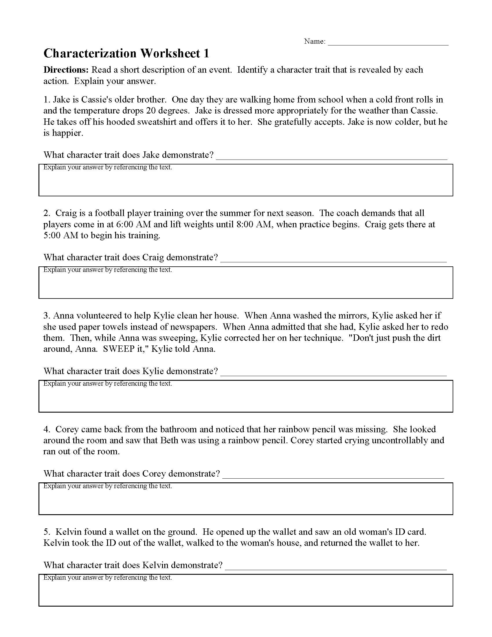 Characterization Worksheet 1  Preview And Identifying Character Traits Worksheet