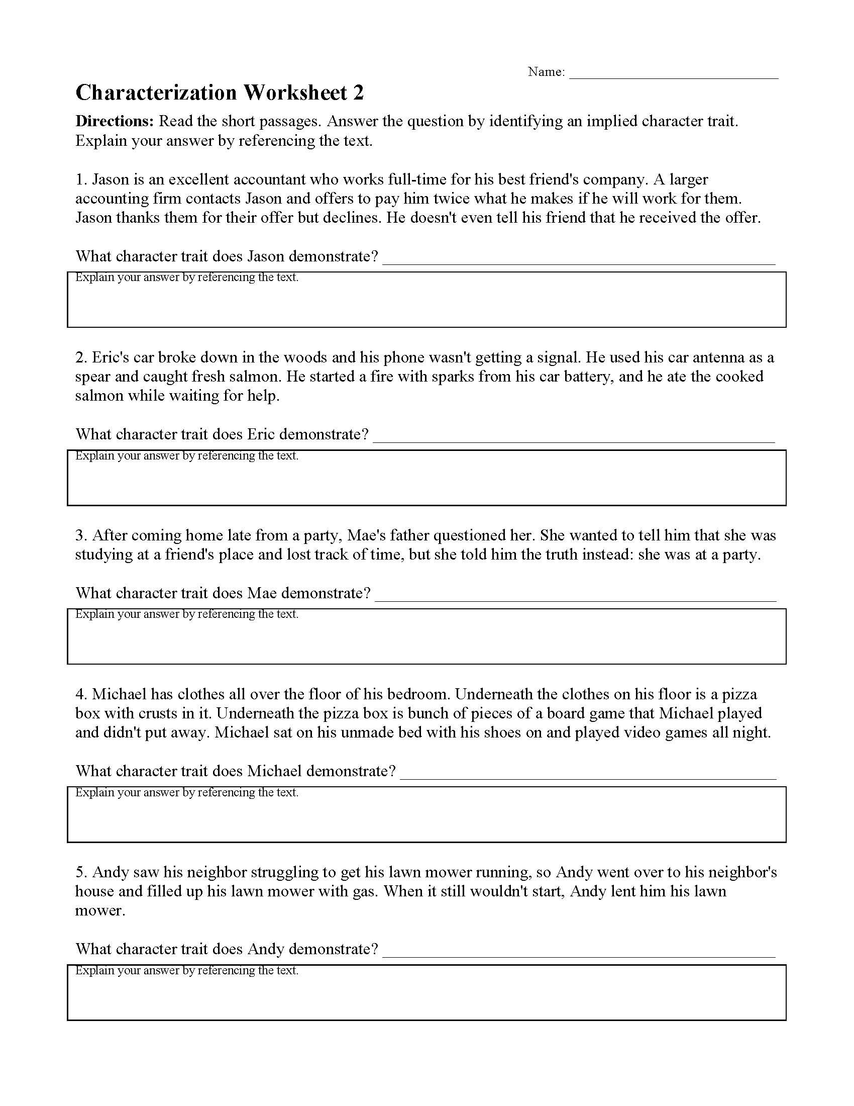 Characterization Worksheet 2  Preview Also Identifying Character Traits Worksheet