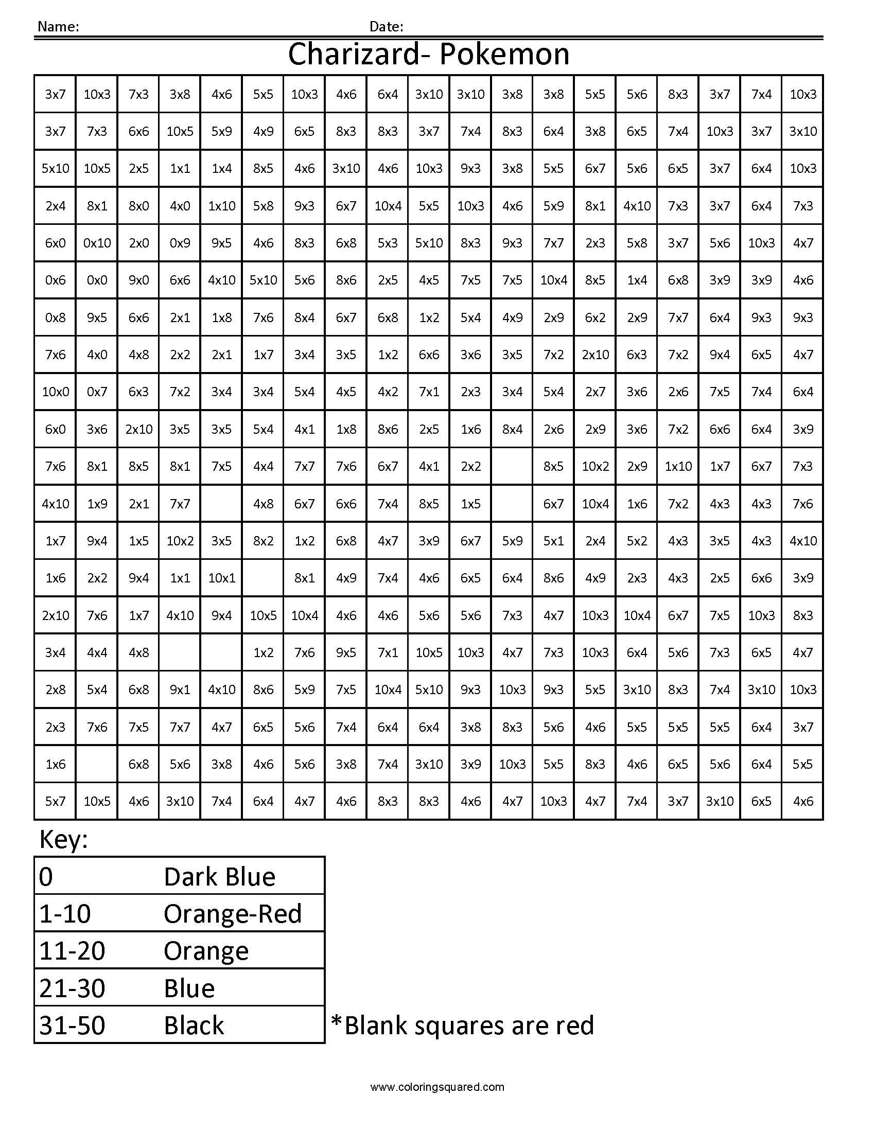 Charizard Basic Multiplication  Coloring Squared Inside Color By Number Multiplication Worksheets