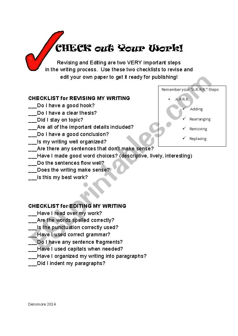 Check Your Work Self Revision And Editing Checklist  Esl Worksheet For Revising And Editing Worksheets