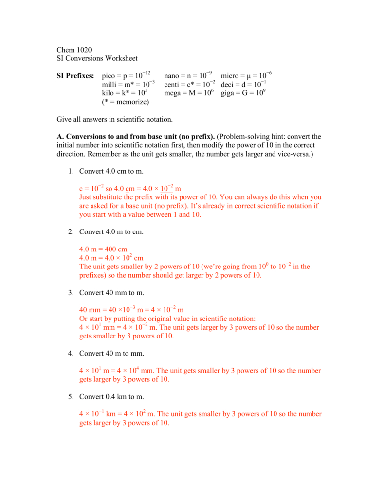 Chem 1020 Si Conversions Worksheet Si Prefixes Pico  P  10−12 As Well As Si Unit Conversion Worksheet