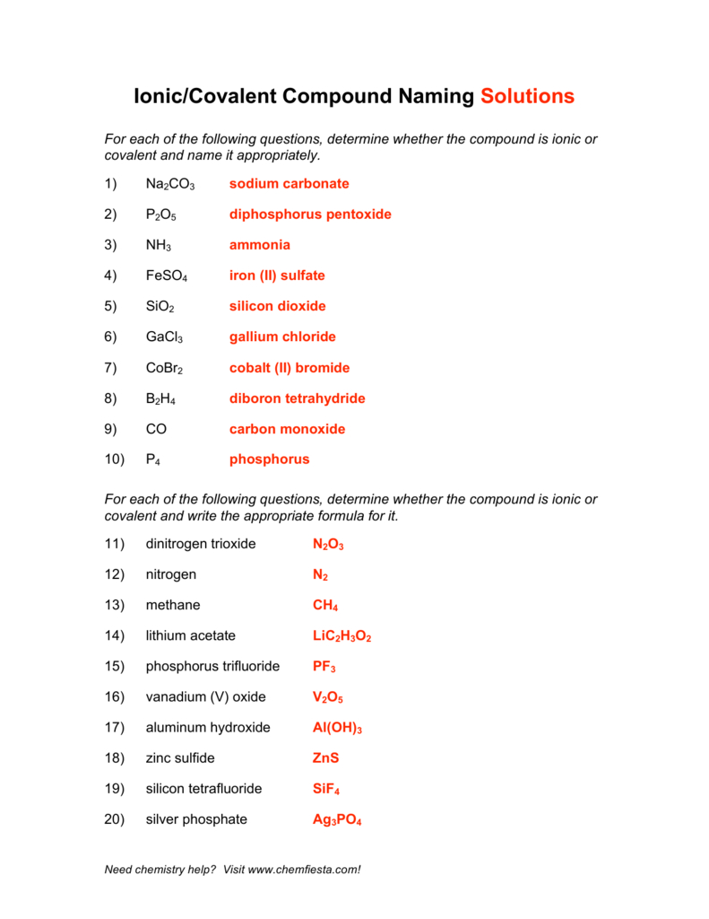 Chemfiesta Naming Chemical Compounds Worksheet Ionic Answers Regarding Ionic And Covalent Compounds Worksheet Answers