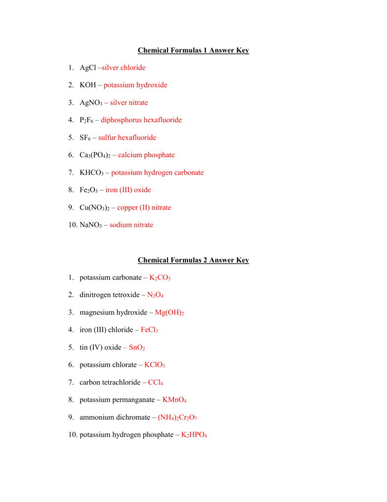 Chemical Formulas 1 Answer Key Agcl –Silver Chloride Koh Together With Naming Compounds Worksheet Answer Key