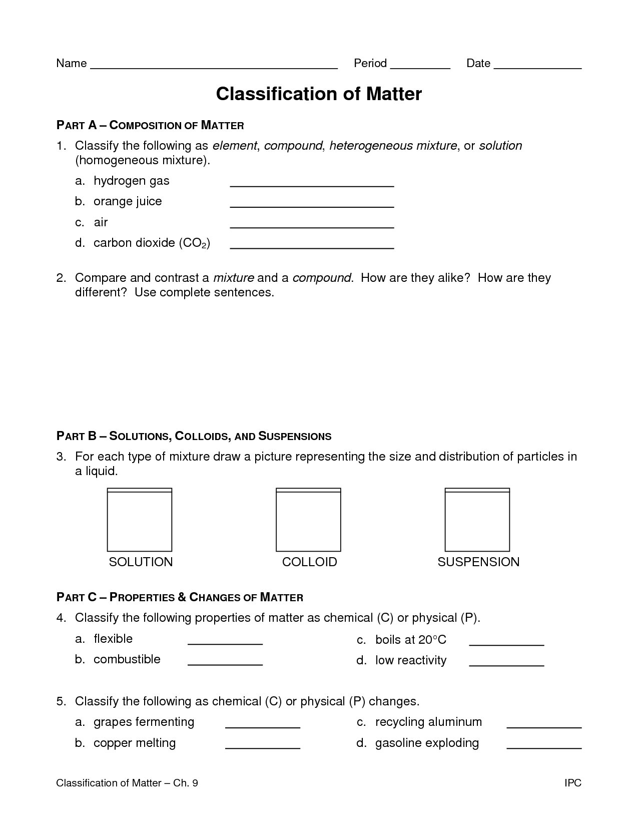 Chemistry 1 Worksheet Classification Of Matter And Changes Answer Pertaining To Classification Of Matter Worksheet Chemistry Answers