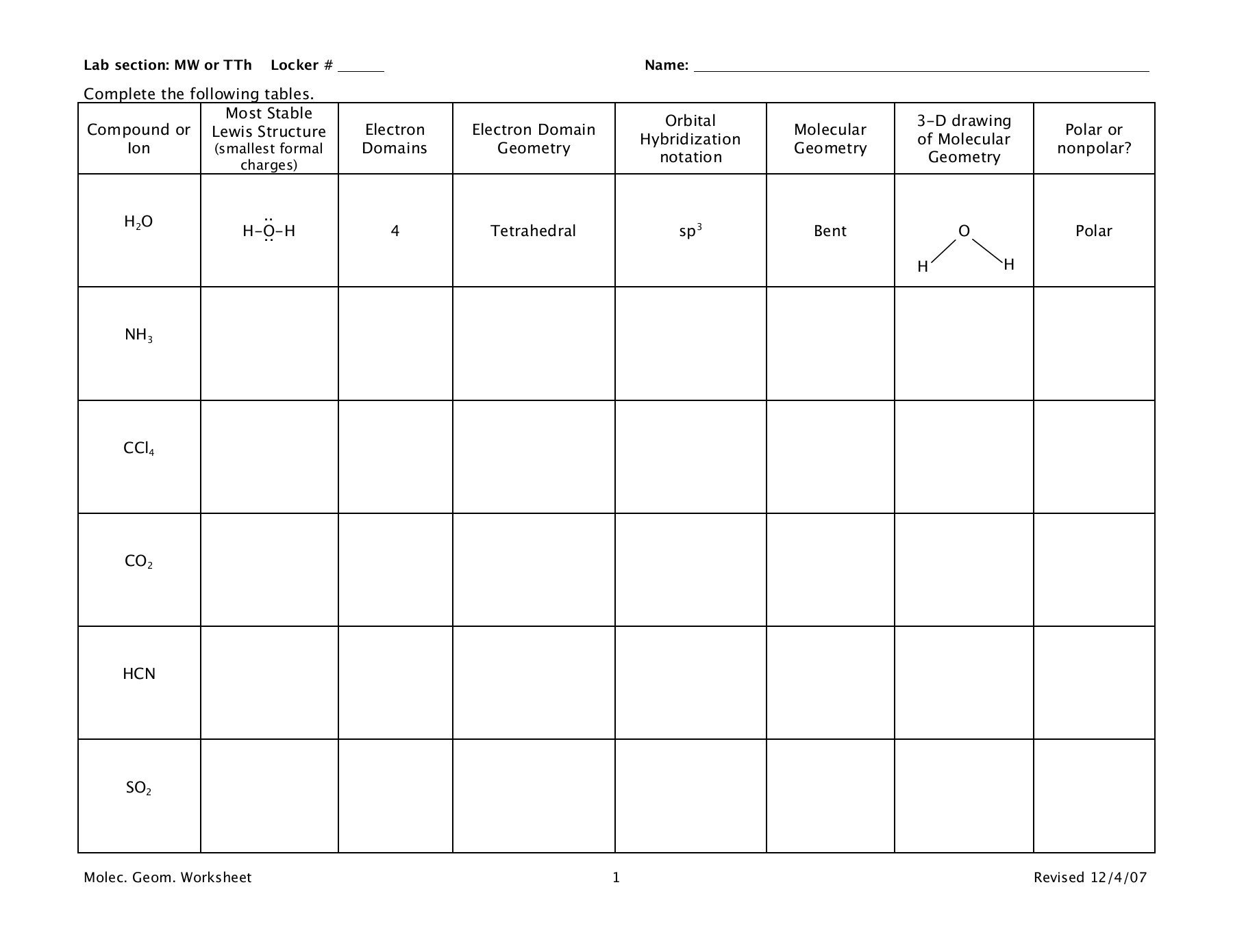 Chemistry 1A Molecular Geometries Worksheet Pages 1  7  Text With Regard To Lewis Structure And Molecular Geometry Worksheet