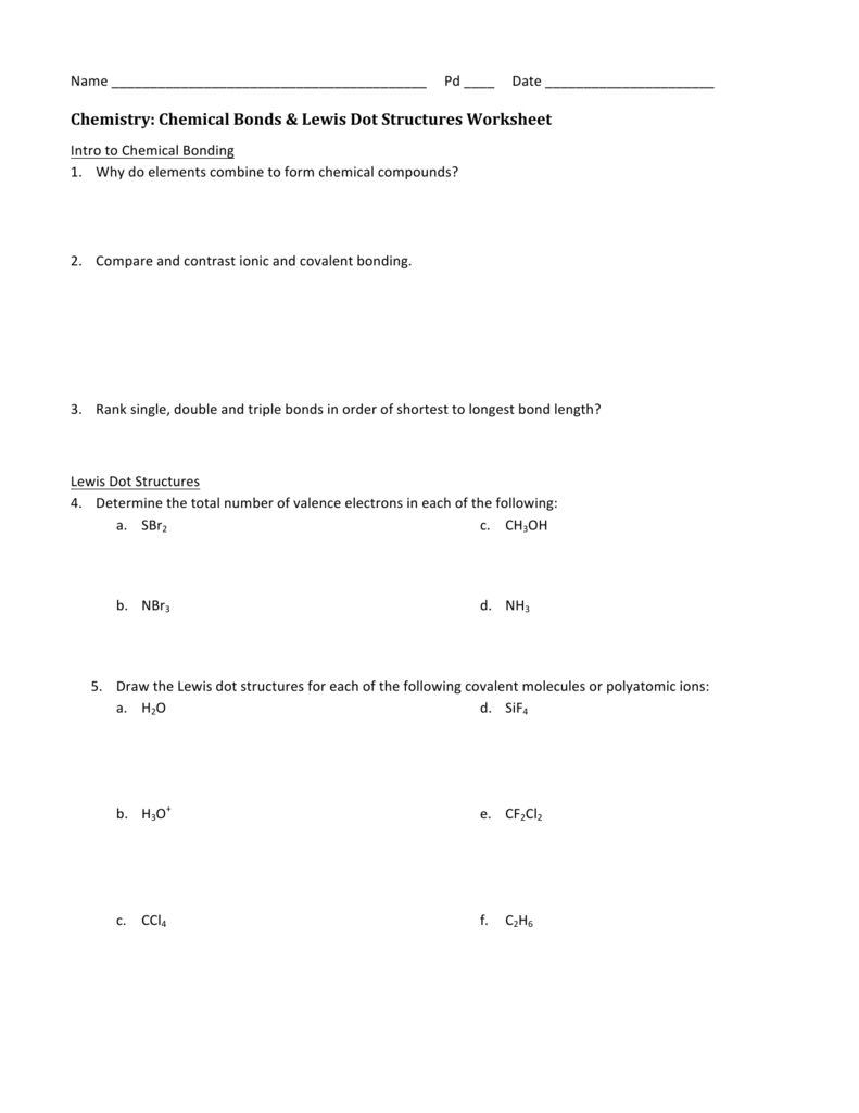 Chemistry Chemical Bonds  Lewis Dot Structures Worksheet Or Lewis Dot Structure Worksheet With Answers