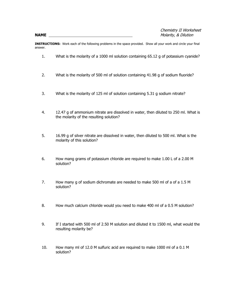 Chemistry Ii Worksheet Name Molarity  Dilution 1 What Is The Throughout Molarity By Dilution Worksheet