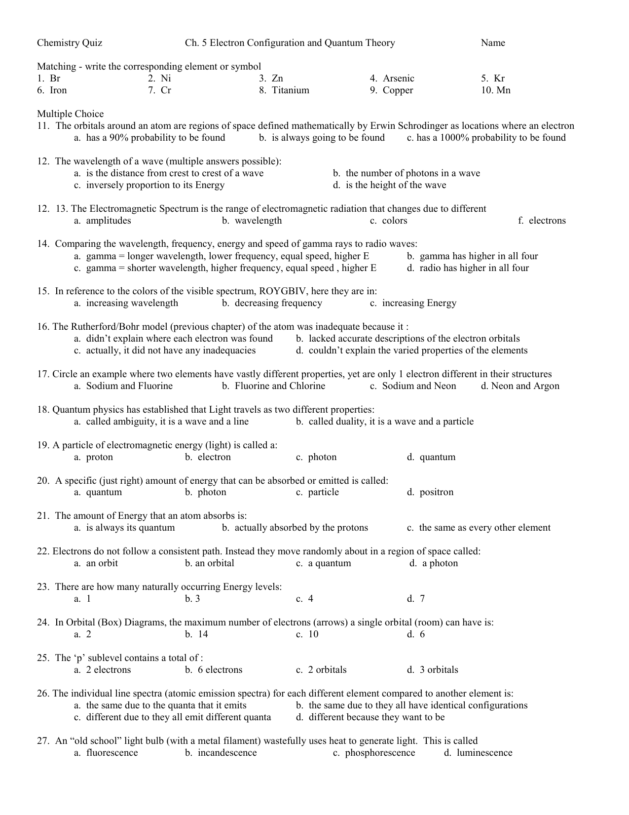 Chemistry Quiz Ch 5 Electron Configuration And Quantum Theory And Wavelength Frequency Speed And Energy Worksheet