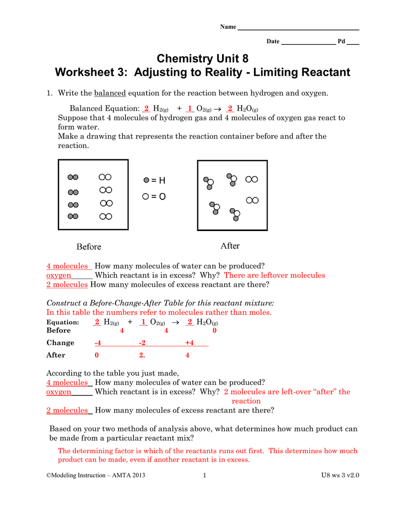 Chemistry Unit 8 Worksheet 3 Adjusting To Reality  Limiting Reactant As Well As Chemistry Unit 4 Worksheet 1