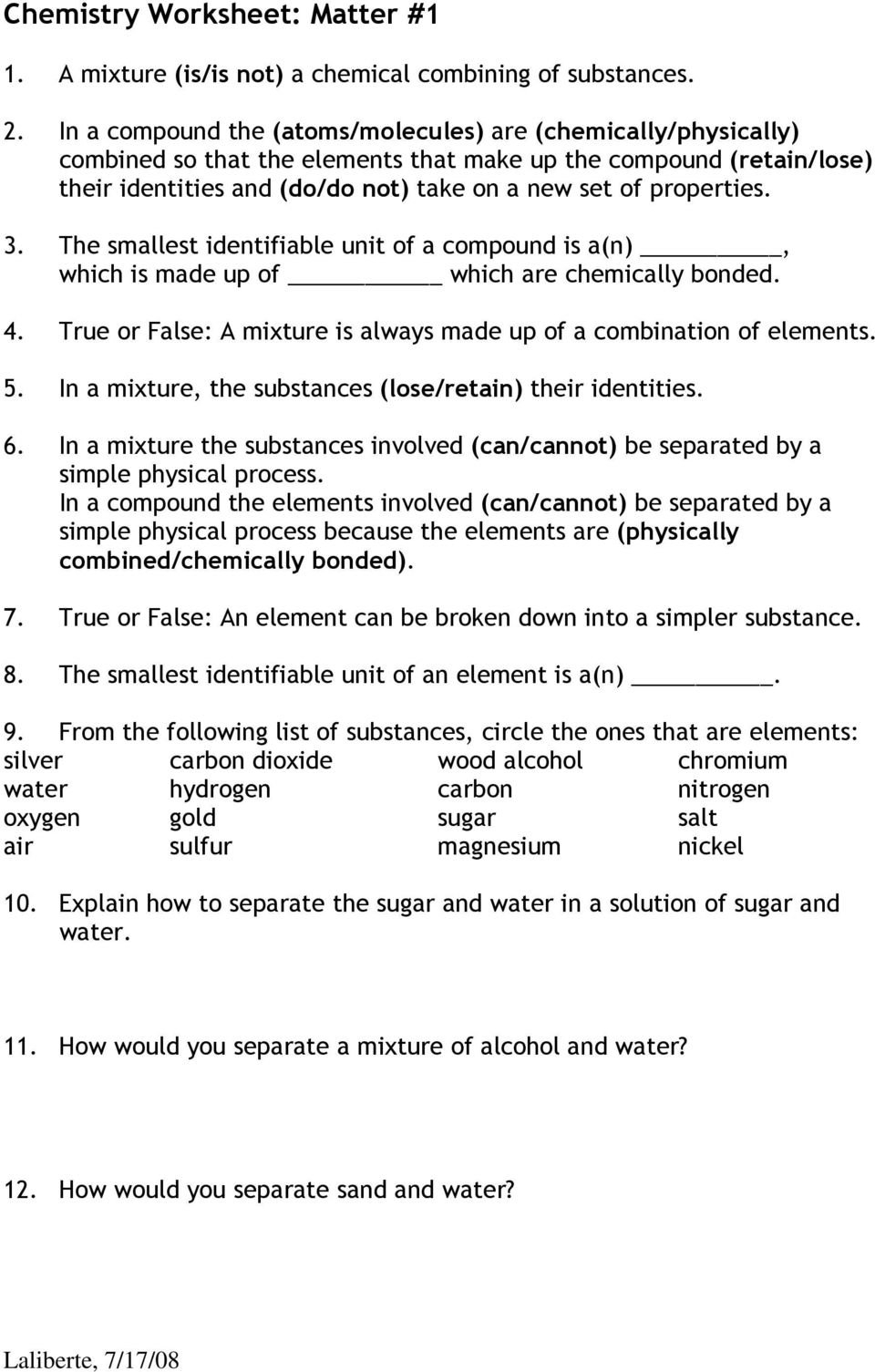Chemistry Worksheet Matter 1  Pdf Within Chemistry Worksheet Matter 1