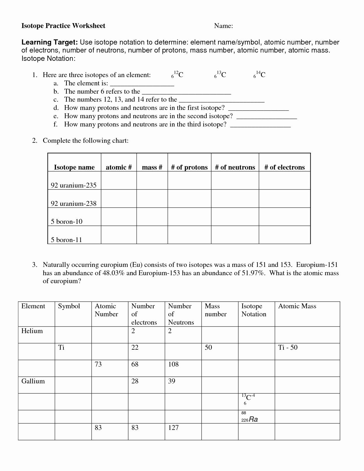 Chemistry Worksheets For High School  Briefencounters As Well As Isotopes Worksheet High School Chemistry