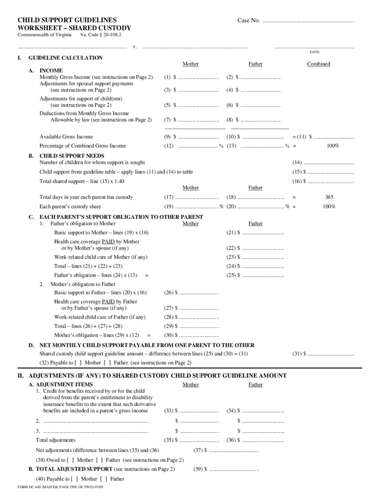 Child Support Guidelines Worksheet Shared Custody  Virginia Free Along With Virginia Child Support Worksheet