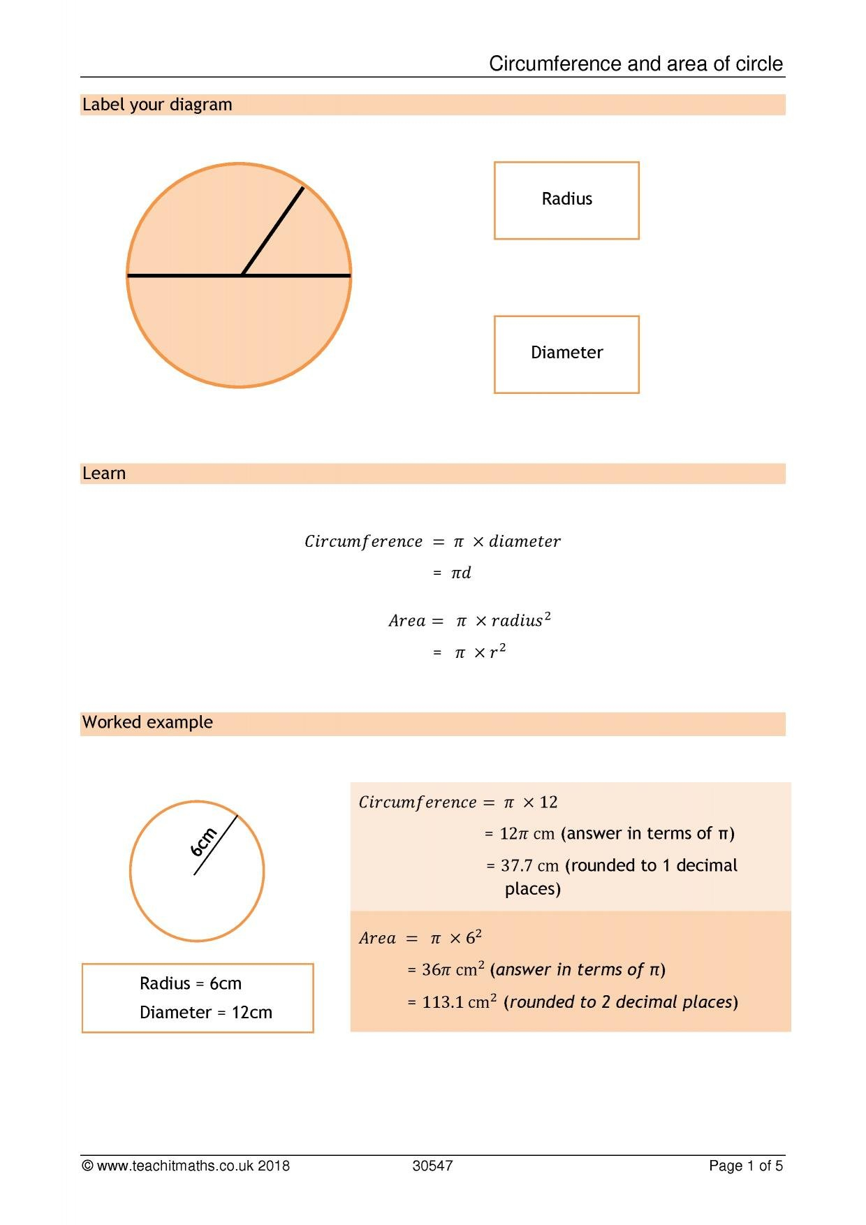 Circumference And Area Of Circle Along With Area And Circumference Of A Circle Worksheet Answers
