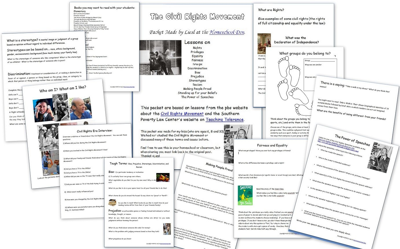 Civil Rights Movement Lessons Free Packet  Homeschool Den With Regard To Civil Rights Road Trip Worksheet
