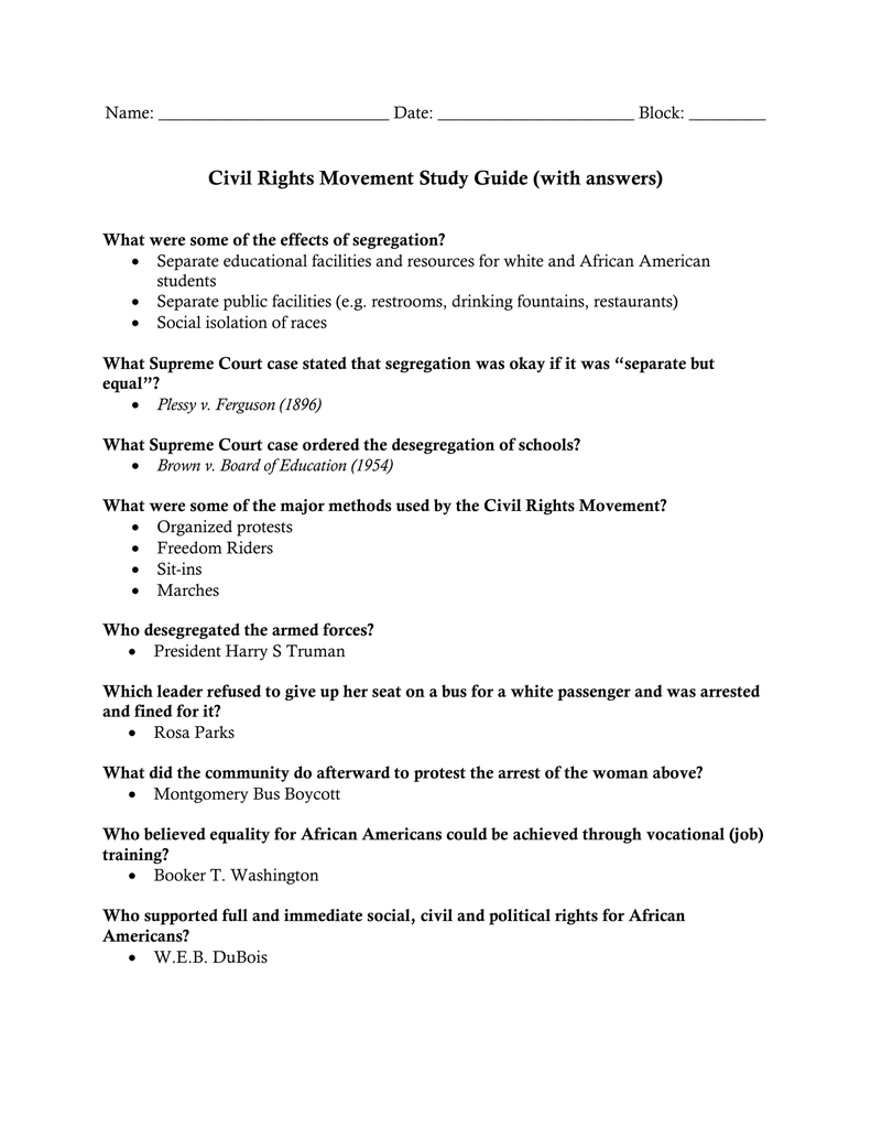 Civil Rights Movement Study Guide With Answers Within Brown V Board Of Education 1954 Worksheet Answers
