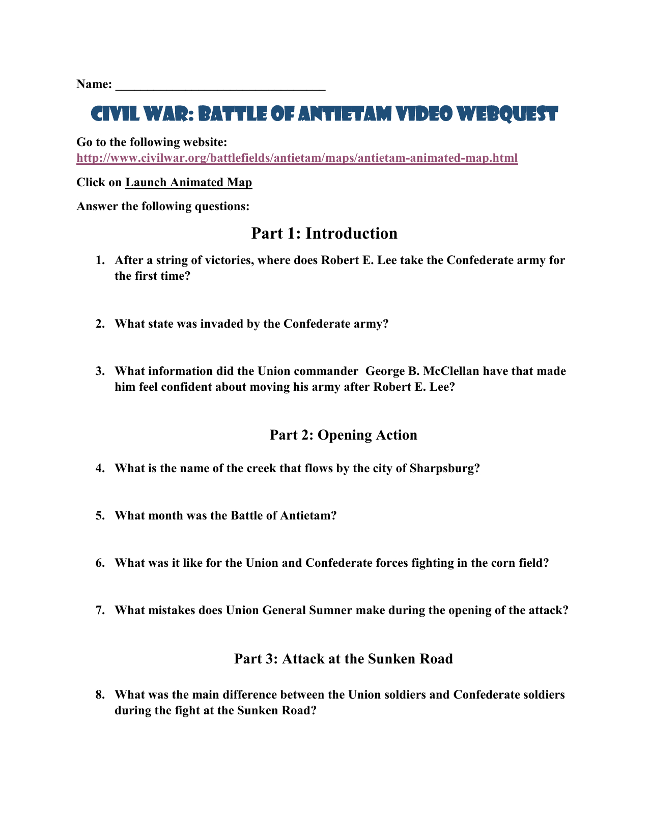 Civil War Battle Of Antietam Video Webquest Together With Civil War Battles Worksheet