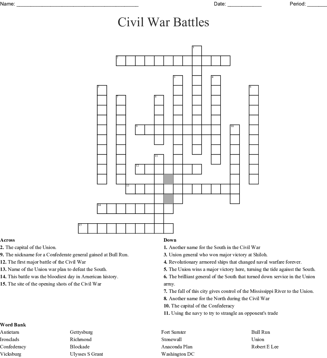 Civil War Battles Crossword  Wordmint Throughout Civil War Battles Worksheet