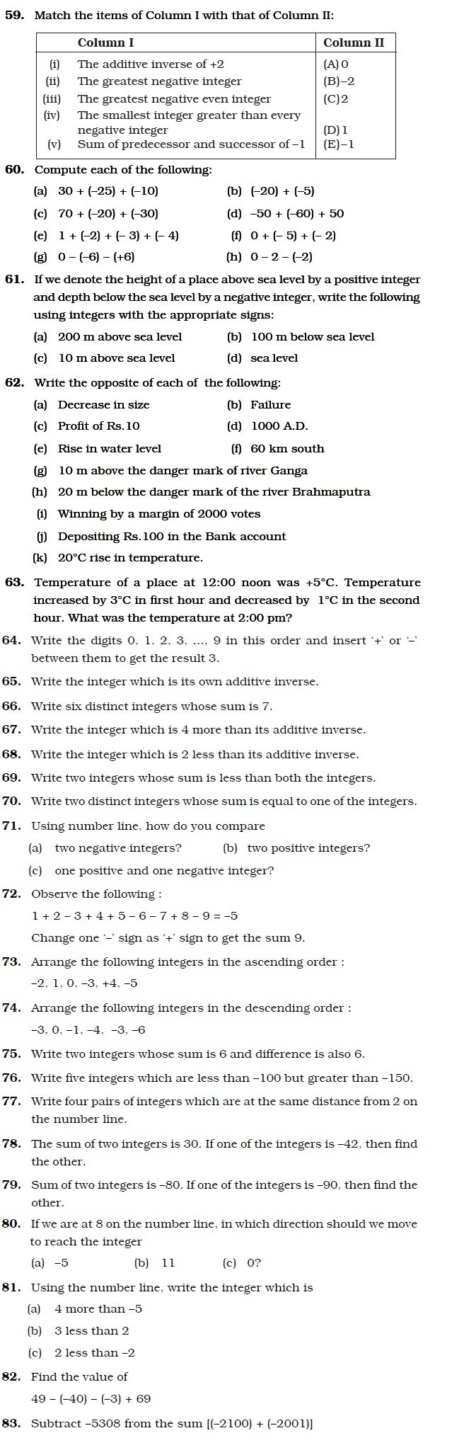 Class 6 Important Questions For Maths – Integers  Aglasem Schools For Integers Worksheets With Answers For Grade 6