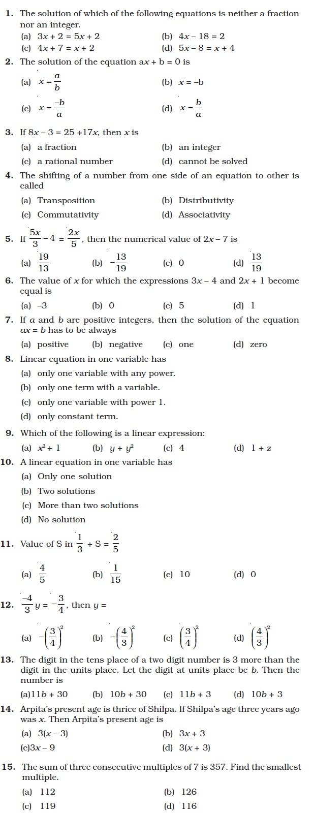 Class 8 Important Questions For Maths – Linear Equations In One Or Linear Equations In One Variable Class 8 Worksheets