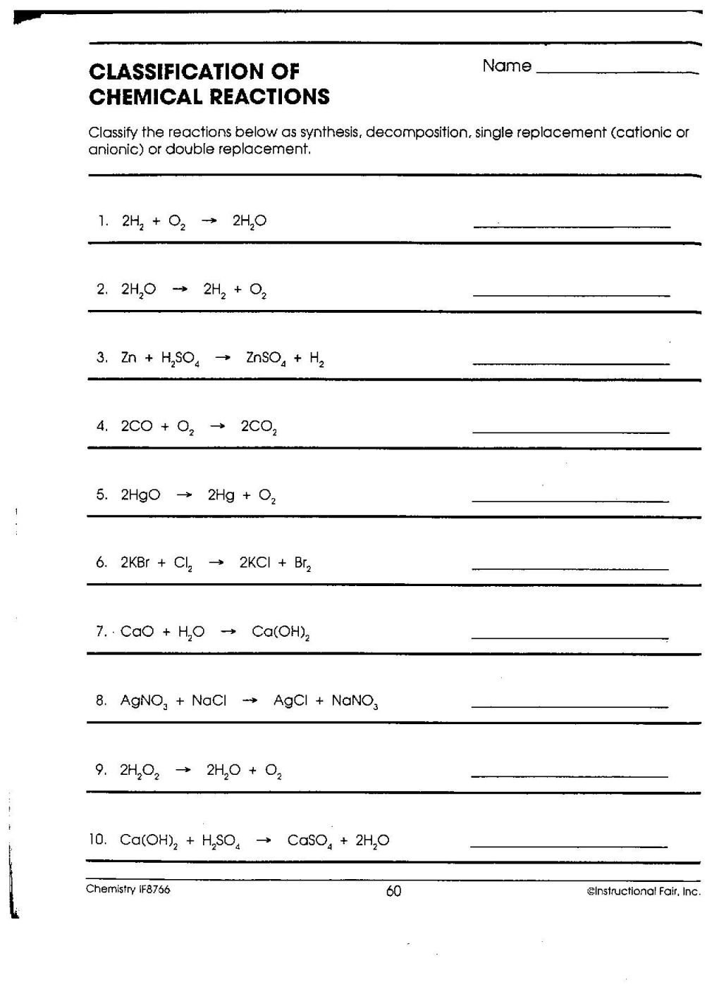 Classification Of Chemical Reactions Worksheet Multiplication Facts With Classification Of Chemical Reactions Worksheet Answers