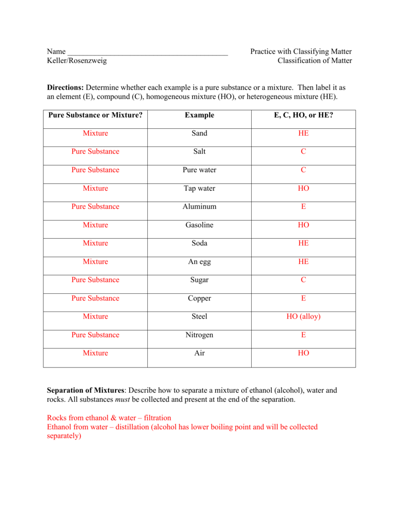 Classification Of Matter Hw Key Together With Classifying Matter Worksheet Answers