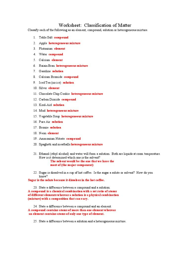 Classification Of Matter Worksheet Main Idea Worksheets 5Th Grade Inside Classifying Matter Worksheet Answers