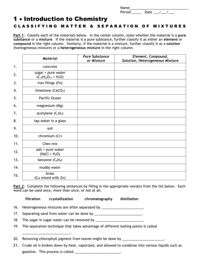 Classifying Matter Worksheet With Chemistry 1 Worksheet Classification Of Matter And Changes Answer Key