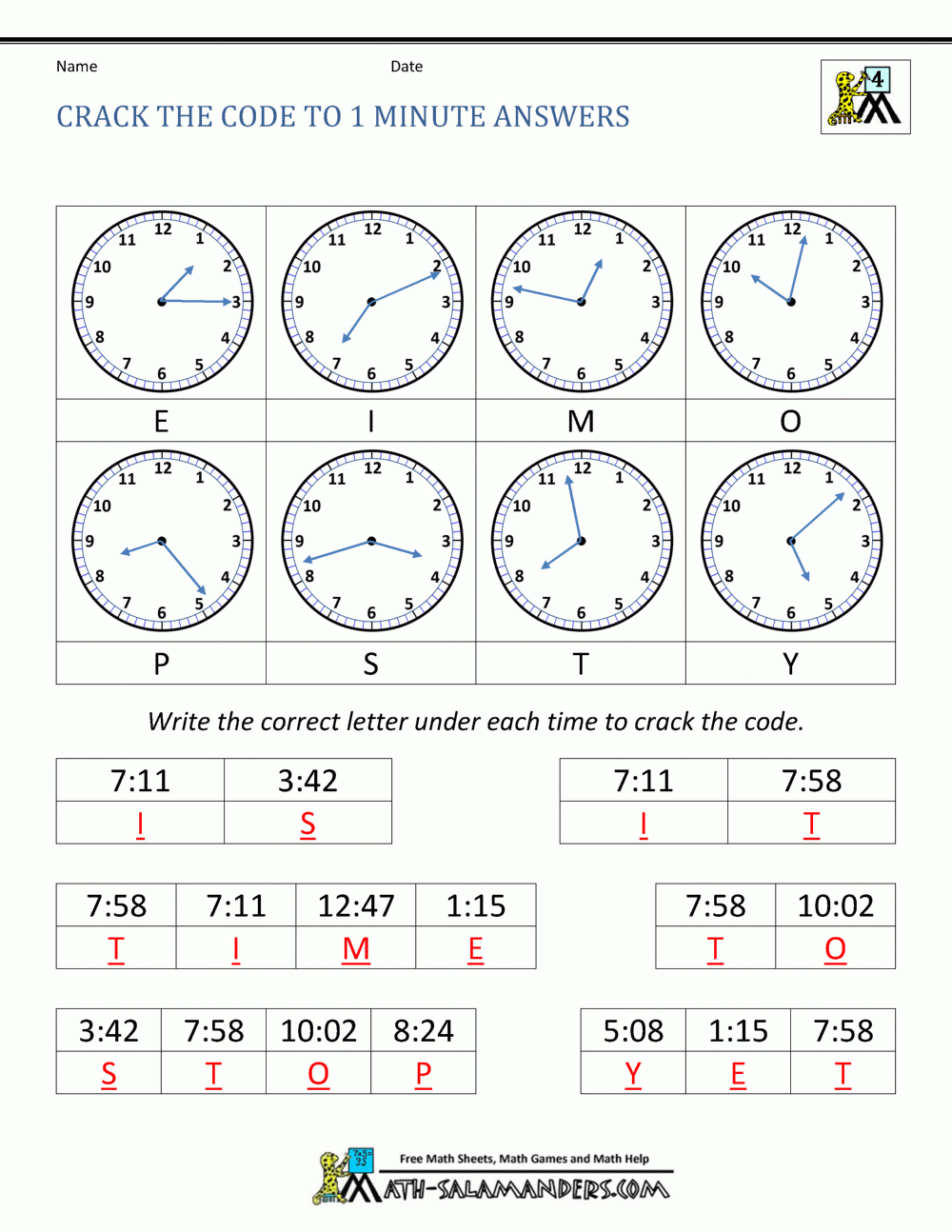 Clock Worksheets  To 1 Minute Along With Crack The Code Math Worksheet Answers