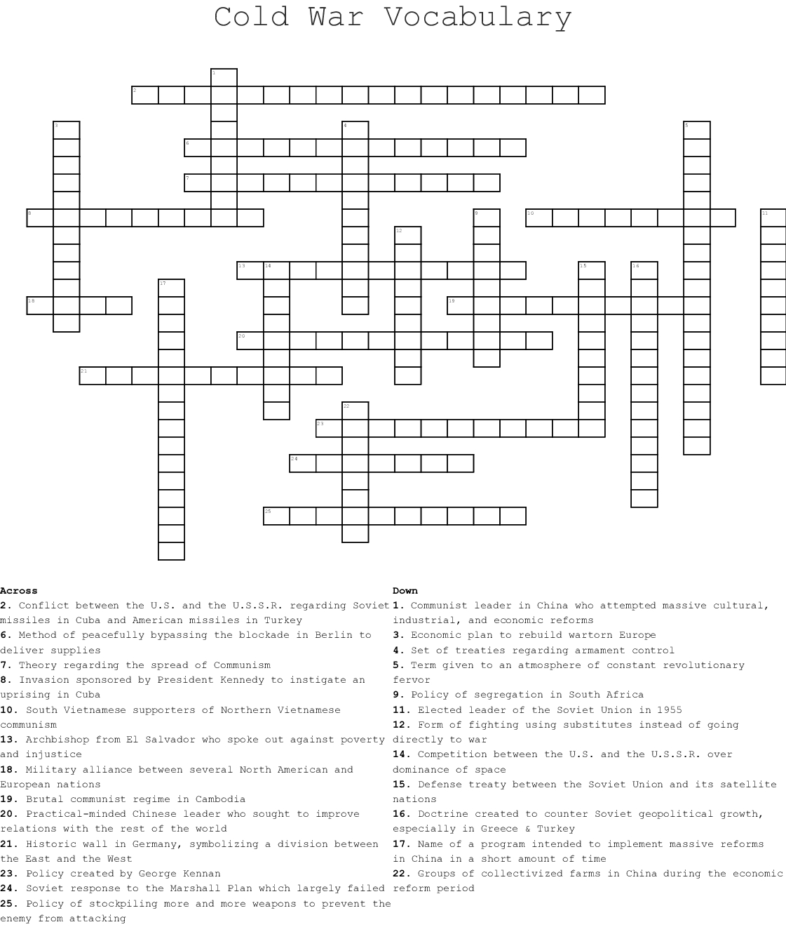 Cold War Vocabulary Crossword  Wordmint Pertaining To Cold War Vocabulary Worksheet Answers