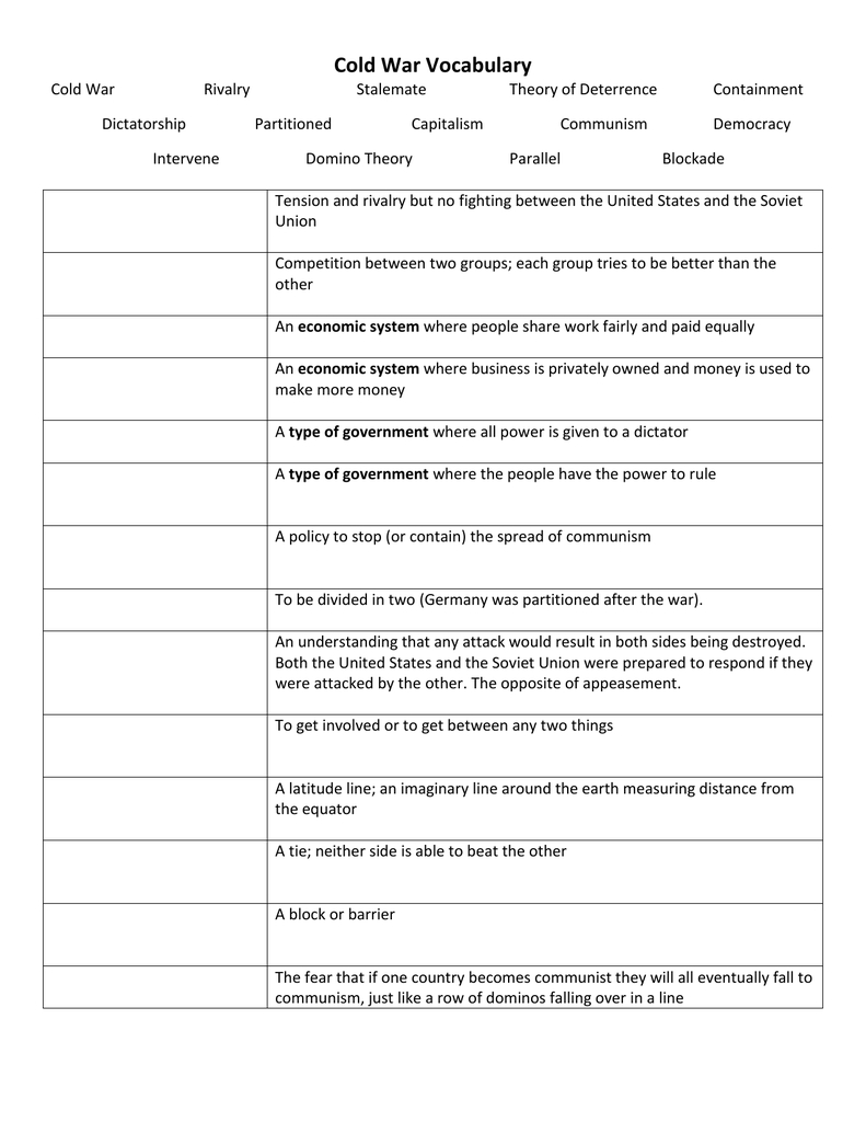 Cold War Vocabulary Within Cold War Vocabulary Worksheet Answers