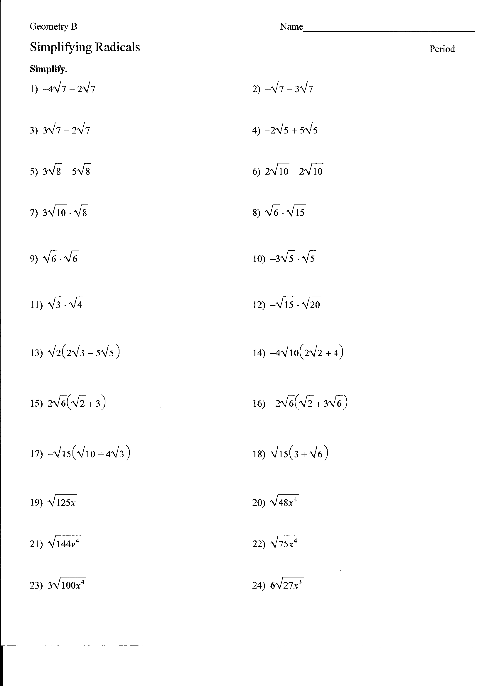 Collection Of Solutions Simplify Radicals Worksheet Cadrecorner On For Simplifying Radicals Worksheet With Answers