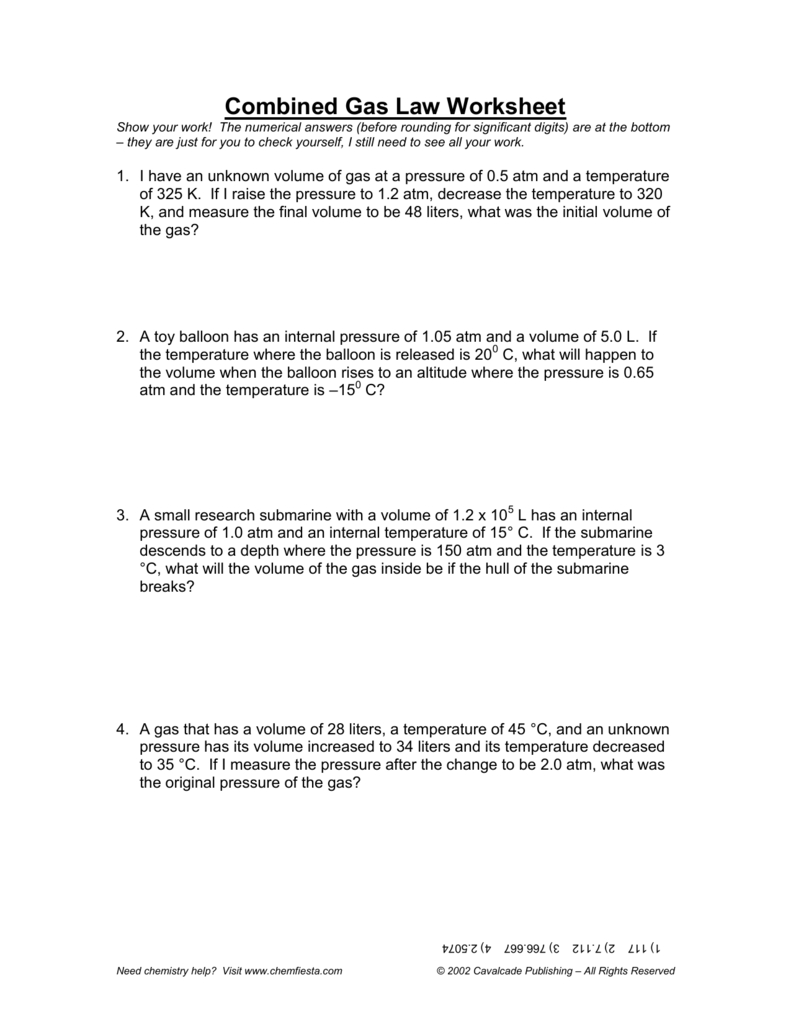 Combined Gas Law Worksheet With Combined Gas Law Worksheet Answer Key