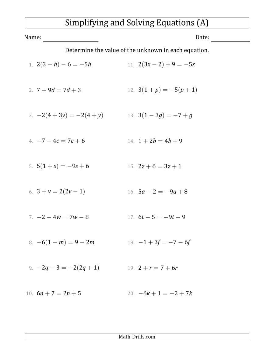 Combining Like Terms And Solving Simple Linear Equations A Within Combining Like Terms Practice Worksheet