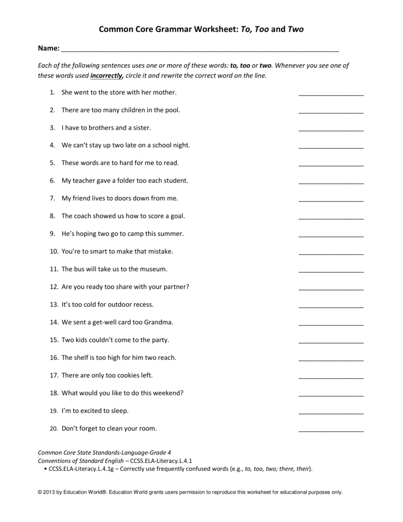 Common Core To Too Two Worksheet For Common Core Grammar Worksheets