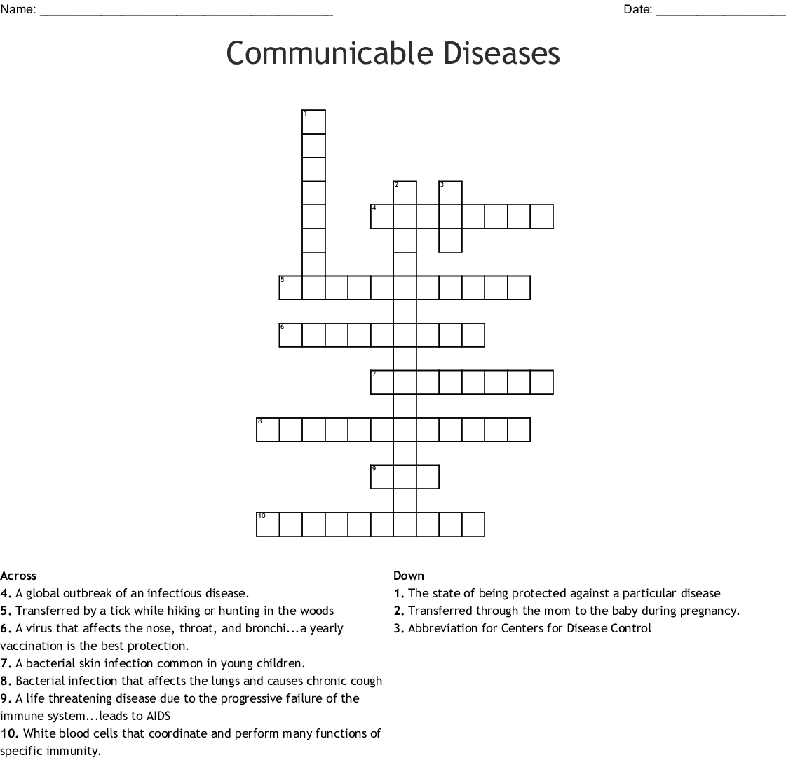 Communicable Diseases Crossword  Wordmint As Well As Communicable Disease Worksheet Middle School