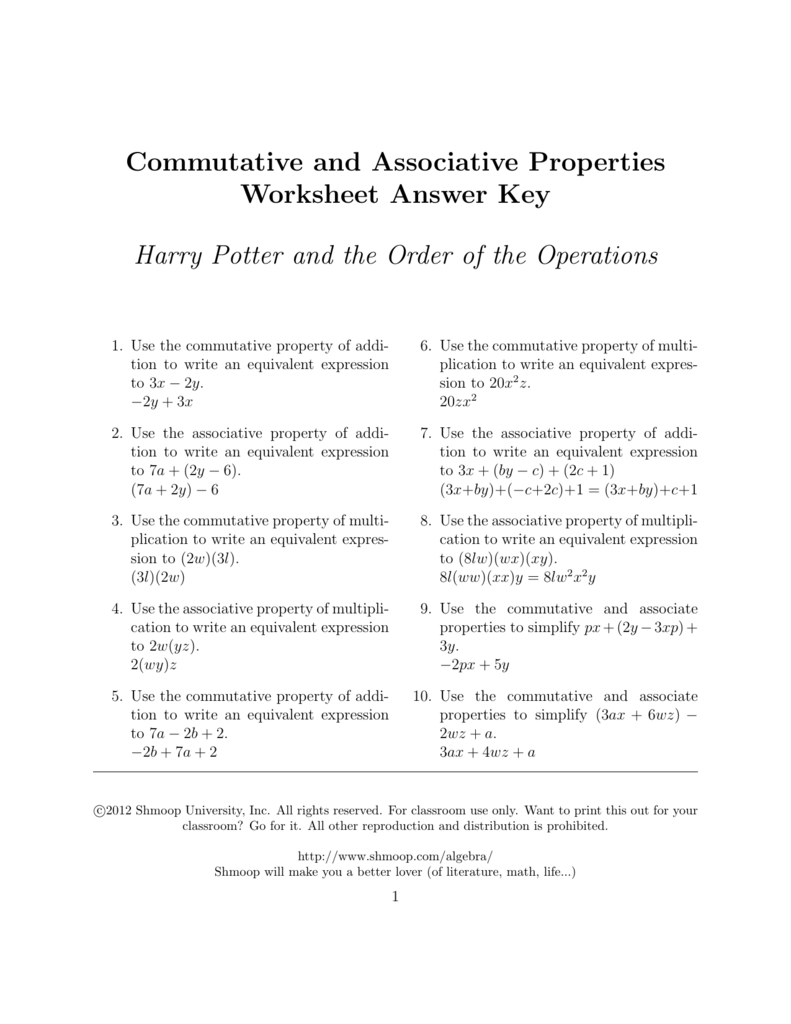 Commutative And Associative Properties Worksheet Or Basic Math Properties Worksheets