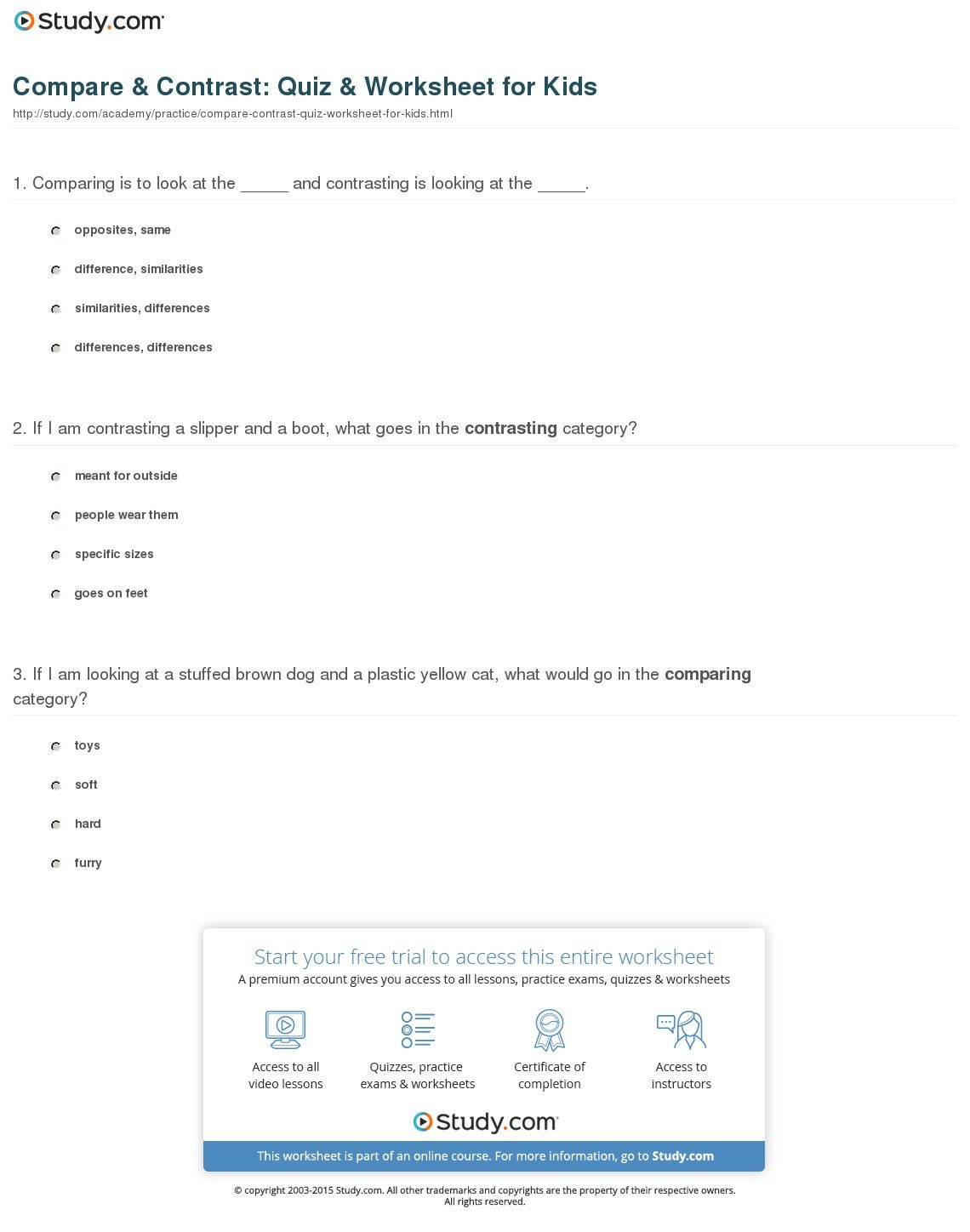 Compare  Contrast Quiz  Worksheet For Kids  Study Inside Compare And Contrast Worksheets 5Th Grade