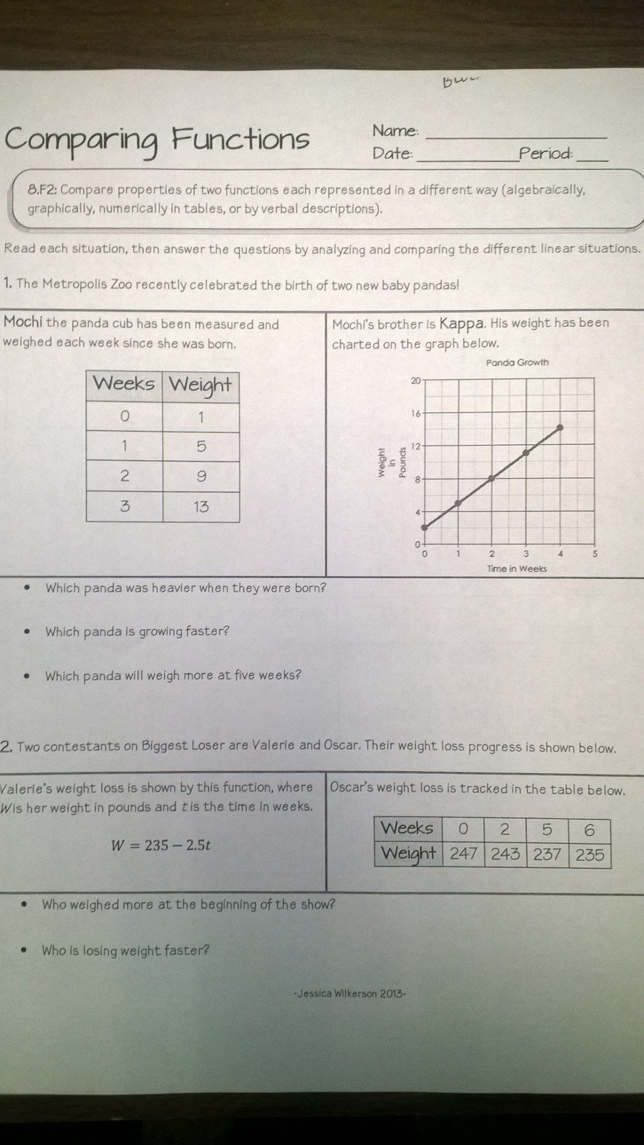 Comparing Functions Worksheet Answers