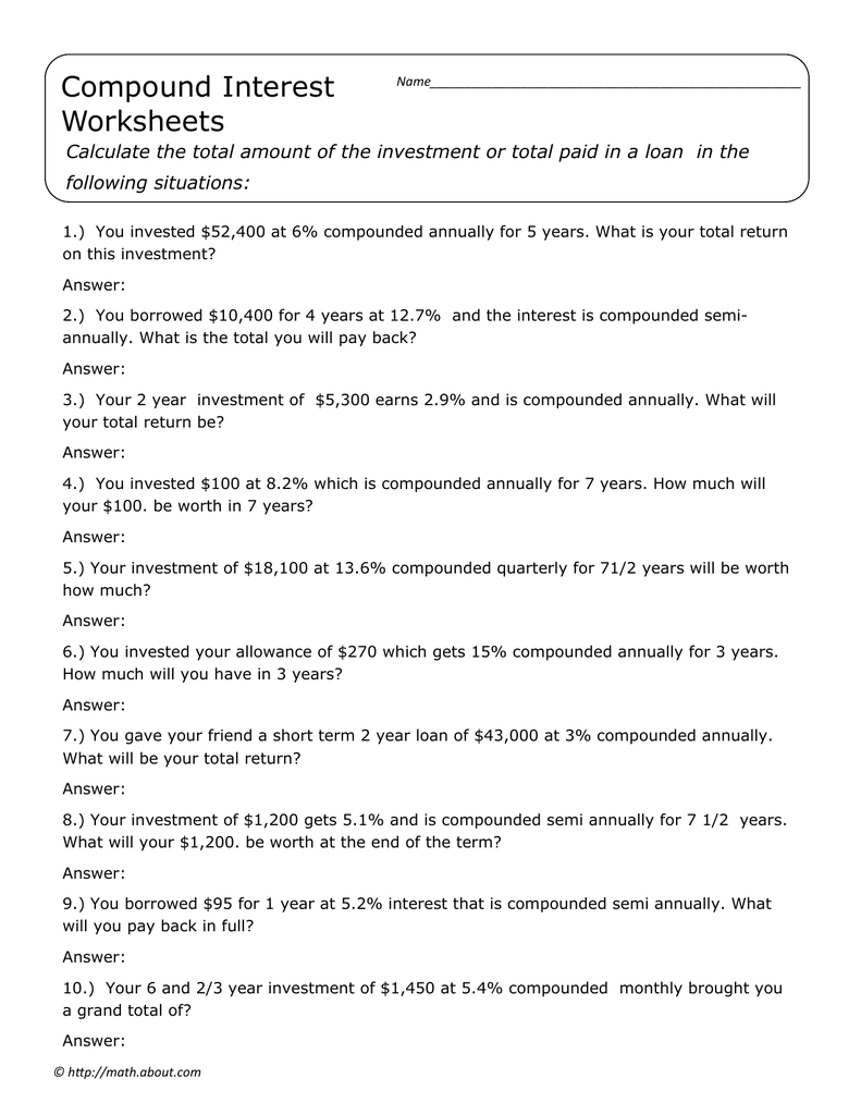 Compound Interest Worksheets Following Situations Intended For Compound Interest Worksheet